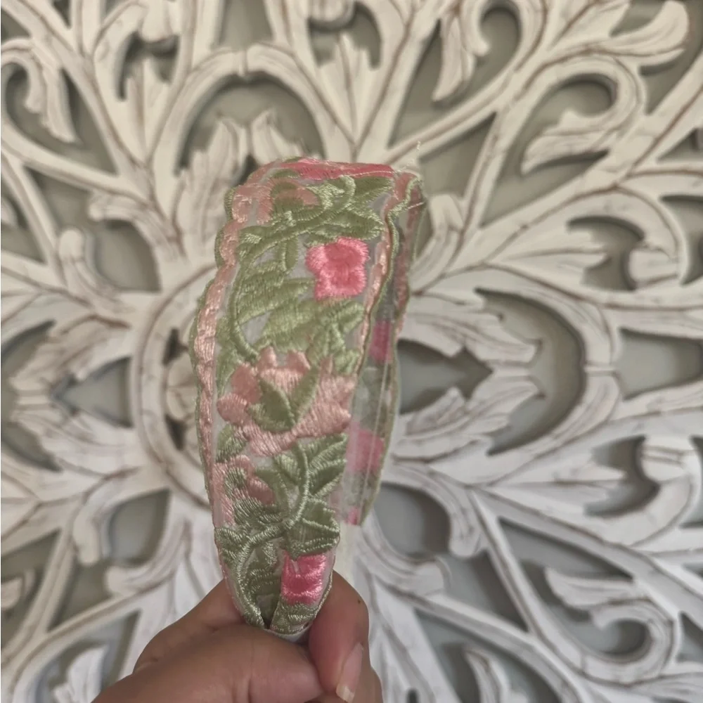 Embroidered Floral Sheer Headband | Pink & Sage Green | Cottagecore Romantic